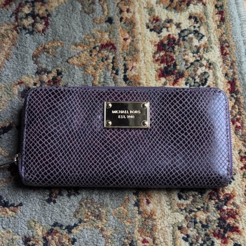 Michael Kors Plum Snake Embossed Leather Zip Around Long Wallet